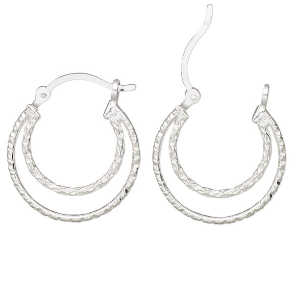 Earring, Create Compliments®, sterling silver, 23mm diamond-cut double hoop with latch-back closure. Sold per pair. image number 0