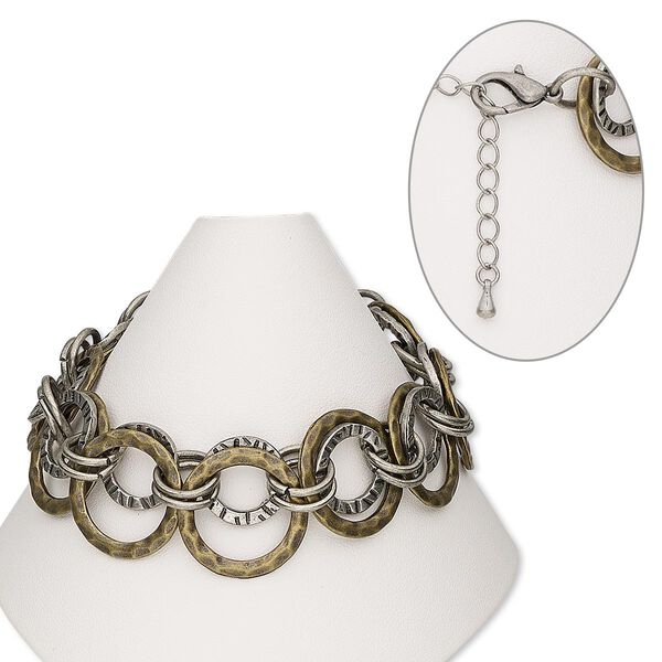 Bracelet, antique brass- / silver-finished "pewter" (zinc-based alloy) / steel / brass, 14mm and 21mm hammered round, 7 inches with 2-inch extender chain and lobster claw clasp. Sold individually. image number 0
