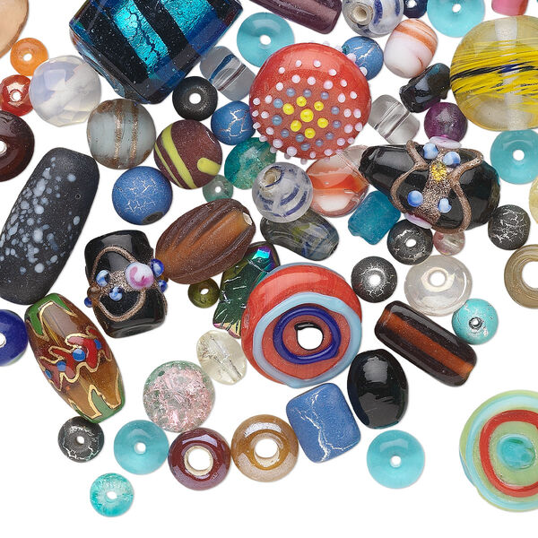 Bead mix, glass, mixed colors, 3-30mm mixed shape. Sold per 1/2 pound pkg, approximately 140 beads. image number 0