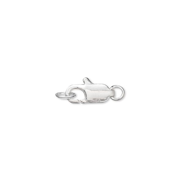 Clasp, lobster claw, silver-plated brass, 12x5mm with (2) closed jump rings. Sold per pkg of 100. image number 0