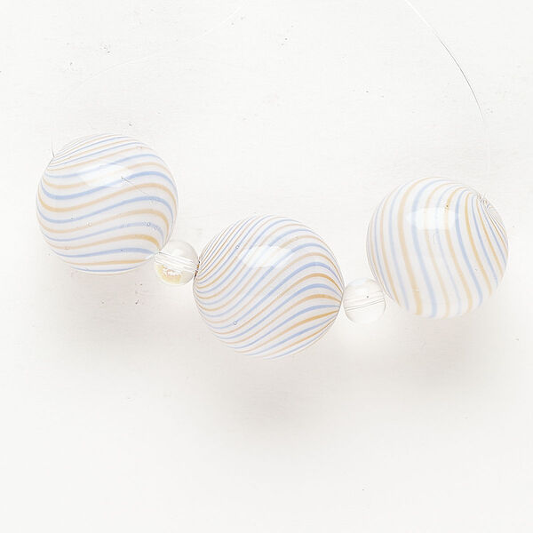 Bead 1pkg3 handblown glass, 18-20mm round / line design, translucent blue / orange / white image number 0