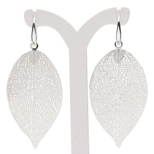 Earring, silver plate brass, 2-1/2 inches with textured leaf and fishhook ear wire. Sold per pair.