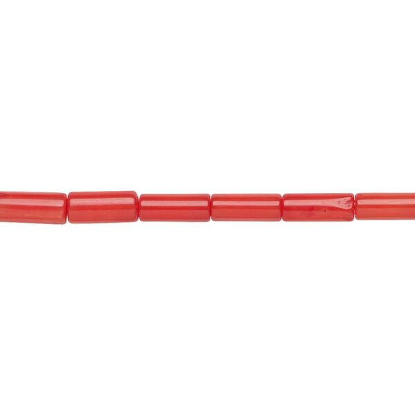 Bead, coral (dyed), red, 6x3mm hand-cut round tube, Mohs hardness 3-1/2 to 4. Sold per 15-1/2" to 16" strand. image number 0