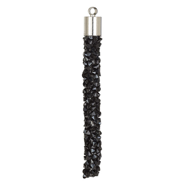 Focal, glass / resin / imitation rhodium-finished brass, black, 53x6mm stick. Sold per pkg of 4. image number 0