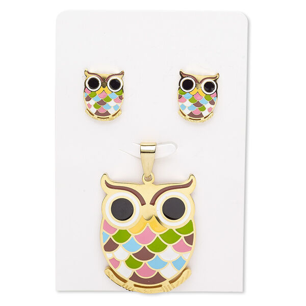Pendant and earring, enamel and gold-finished stainless steel, multicolored, 40x30mm owl, 16x12mm owl with post. Sold per set. image number 0