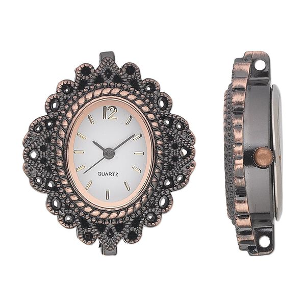 Watch face, antique copper-plated pewter (tin-based alloy) and stainless steel, ivory and black, 35x30mm fancy oval with 2 loops. Sold individually. image number 0