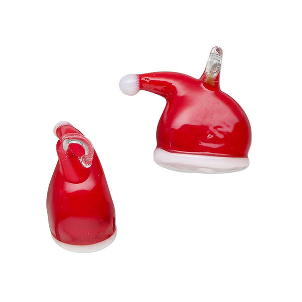 Drop, lampworked glass, opaque red and white, 18x13mm-21x15mm Santa hat. Sold per pkg of 2. image number 0
