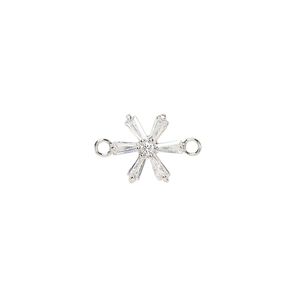 Link, cubic zirconia and silver-plated brass, clear, 11x10mm single-sided flower. Sold per pkg of 2.
