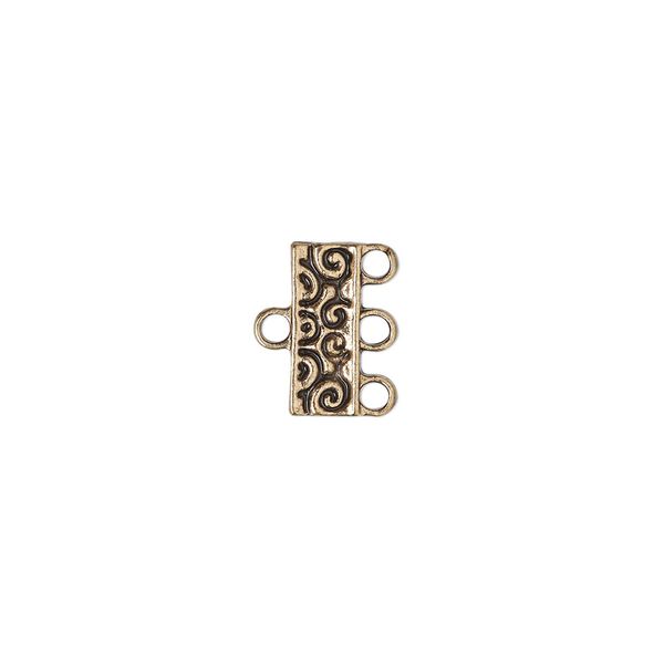 End bar, antique gold-finished "pewter" (zinc-based alloy), 12x5mm double-sided rectangle with swirl design and 3 loops. Sold per pkg of 12. image number 0
