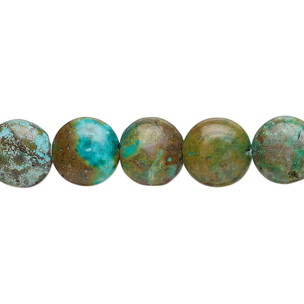 Bead, "turquoise" (gypsum and magnesite) (imitation / dyed / stabilized), green-brown, 9-11mm puffed flat round, C- grade, Mohs hardness 5 to 6. Sold per 15-inch strand, approximately 40 beads. image number 0