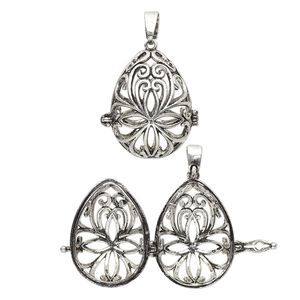 Focal, antique silver-finished brass, 30.5x22mm teardrop bead cage with cutout fancy design and safety latch, fits up to 18mm bead. Sold individually.