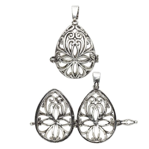Focal, antique silver-finished brass, 30.5x22mm teardrop bead cage with cutout fancy design and safety latch, fits up to 18mm bead. Sold individually. image number 0