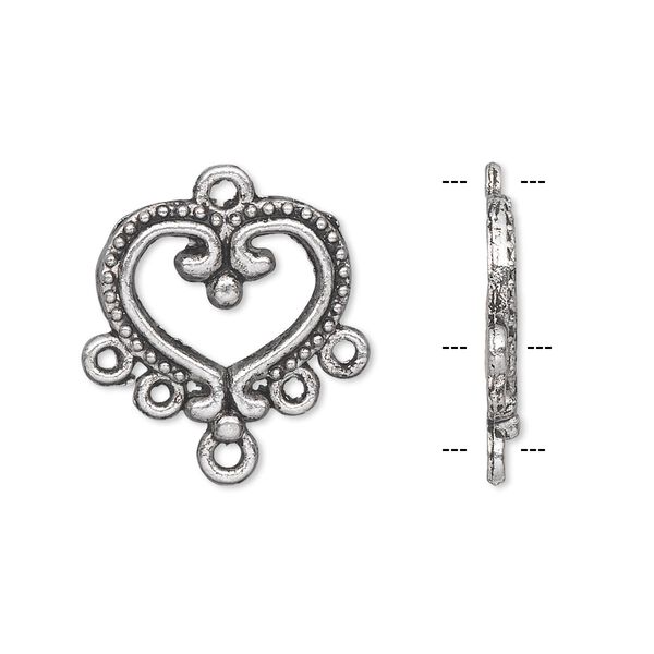 Drop, antique silver-plated "pewter" (zinc-based alloy), 17x15mm single-sided heart with 5 loops. Sold per pkg of 10. image number 0