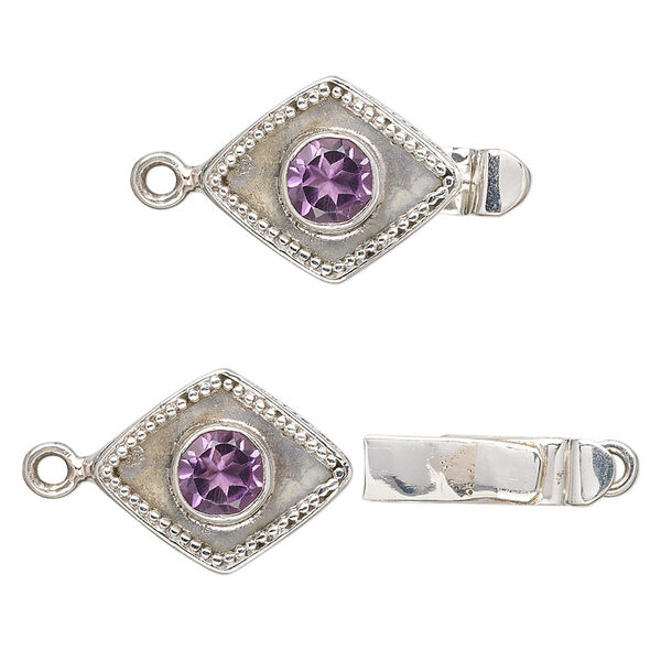 Clasp, tab, amethyst (natural) and antiqued sterling silver, 17x13mm diamond with 6mm faceted round. Sold individually. image number 0