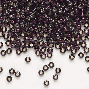 Seed bead, Miyuki, glass, pkg/50g, #8 rocaille, transparent silver-lined extra dark smoky amethyst (RR-2428).
