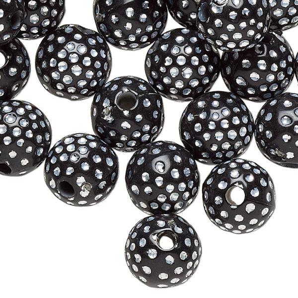 Bead, acrylic, black and silver, 10mm round with dots. Sold per pkg of 100. image number 0