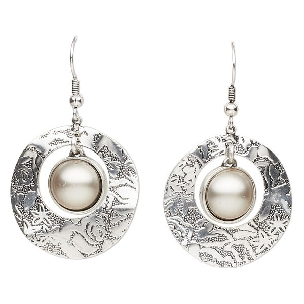 Earring, resin with antique silver-plated brass and "pewter" (zinc-based alloy), silver, 2 inches with round go-go and fishhook ear wire. Sold per pair. image number 0