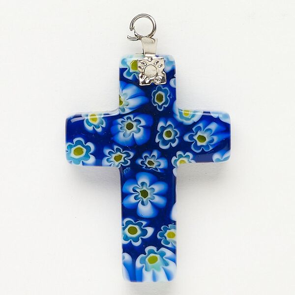 Focal 1pkg1 silver-finished steel and millefiori glass, translucent and transparent multicolored, 33x23mm-35x24mm cross. image number 0