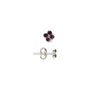 Earring 1pkg2 sterling silver, 4mm square earstud / earnuts, glass amethyst purple 1 pair