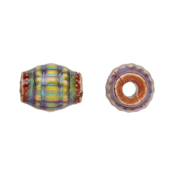 Bead, acrylic, opaque multicolored, 15.5x12mm color-changing corrugated barrel, 3.5mm hole. Sold per pkg of 2. image number 0