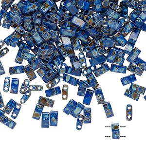 Seed bead, TILA®, glass, pkg/10g, 5x2.3mm half tila rectangle, opaque Picasso cobalt blue, (HTL-4518).