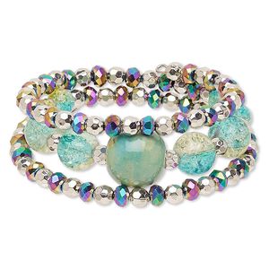 Bracelet, acrylic / glass / steel memory wire / silver-coated plastic, multicolored, 30mm wide with round, adjustable from 7-1/2 to 9 inches. Sold individually.