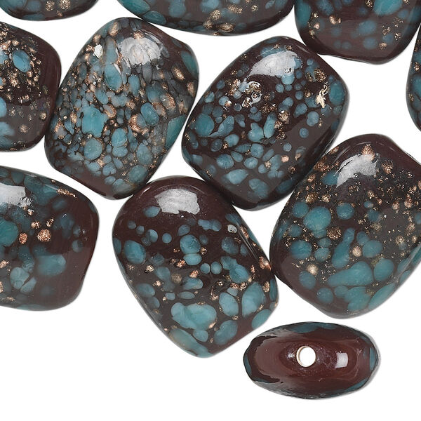 Bead, lampworked glass with copper glitter, turquoise blue and brown, 19x14mm rectangle. Sold per pkg of 20. image number 0