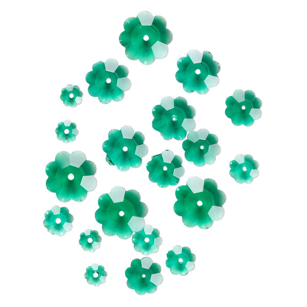 Bead assortment, glass, transparent emerald green, 6-14mm center-drilled margarita flower. Sold per pkg of 20. image number 0