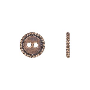 Button, antique copper-plated "pewter" (zinc-based alloy), 12.5mm double-sided flat round with rope edge. Sold per pkg of 50.