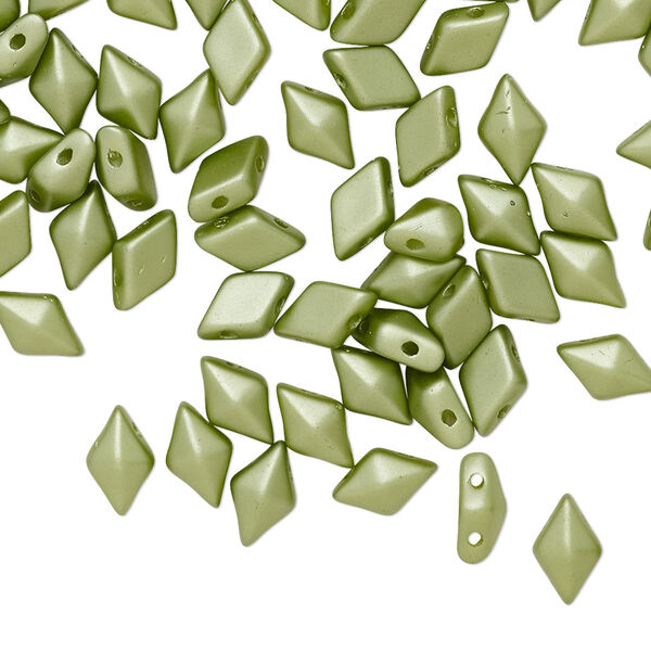 Bead, DiamonDuo™, Czech pressed glass, opaque pastel olivine, 8x5mm faceted diamond with flat back and (2) 0.7-0.8mm holes. Sold per 50-gram pkg, approximately 350 beads. image number 0