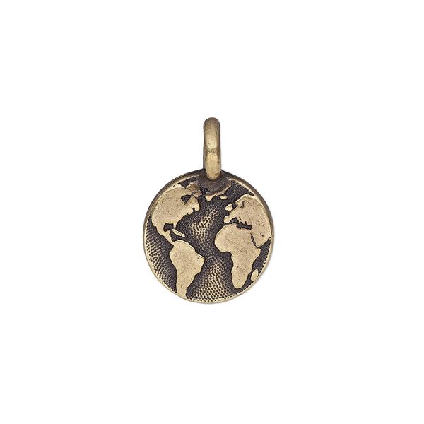 Drop, TierraCast®, antique brass-plated pewter (tin-based alloy), 12mm single-sided round with Earth. Sold per pkg of 20. image number 0