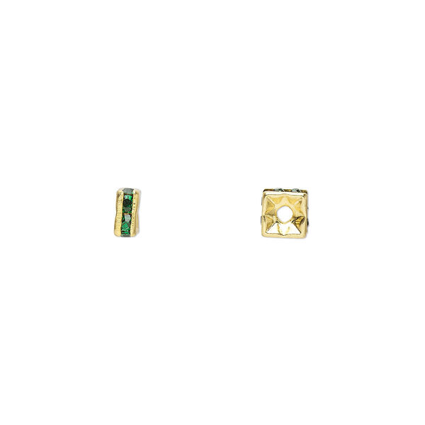 Bead, glass rhinestone and gold-finished brass, emerald green, 4x2mm squaredelle. Sold per pkg of 10. image number 0