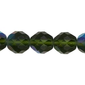 Bead, Czech fire-polished glass, pkg/15-1/2 to 16 inches, 12mm faceted round, translucent matte light green AB, (50250-28771).