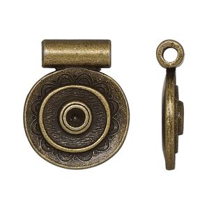 Pendant, slide, antique brass-finished "pewter", 27.5x22mm single-sided flat round with fancy design, 3mm inside diameter. Sold per pkg of 4.