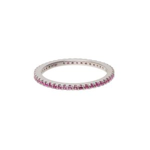 Ring, cubic zirconia and rhodium-plated sterling silver, pink, 2mm wide eternity band, size 9. Sold individually.