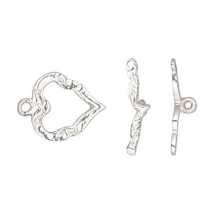 Clasp toggle 1pkg1 sterling silver, 16x15mm heart, 1-strand