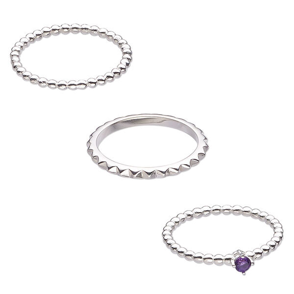 Ring, amethyst (natural) and sterling silver, 2mm wide spiked band / 2mm / 4mm wide beaded band, size 8. Sold per 3-piece set. image number 0
