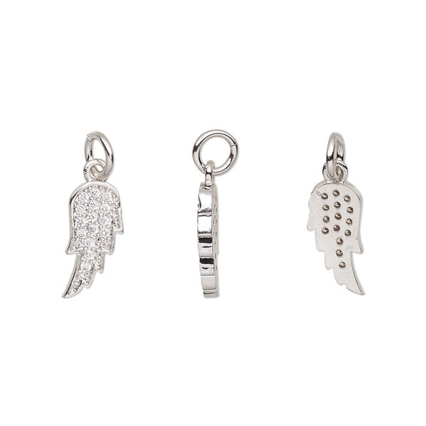 Charm, cubic zirconia and silver-plated brass, clear, 13x6mm single-sided wing with 5mm jump ring. Sold per pkg of 2. image number 0
