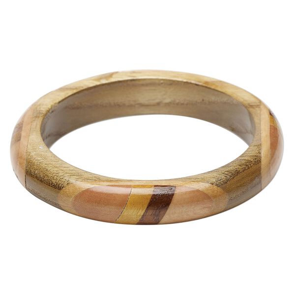 Bracelet, bangle, Everyday Jewelry, maple wood (assembled), brown, 14mm wide with inlaid design, 8 inches. Sold Individually. image number 0