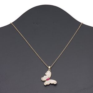 Necklace, Everyday Jewelry, acrylic / crystals / Czech glass rhinestone / gold-finished brass / "pewter" (zinc-based alloy) / steel, champagne / clear / fuchsia, 33x24mm butterfly, 16 inches with 3-inch extender chain and lobster claw clasp. Sold individually.