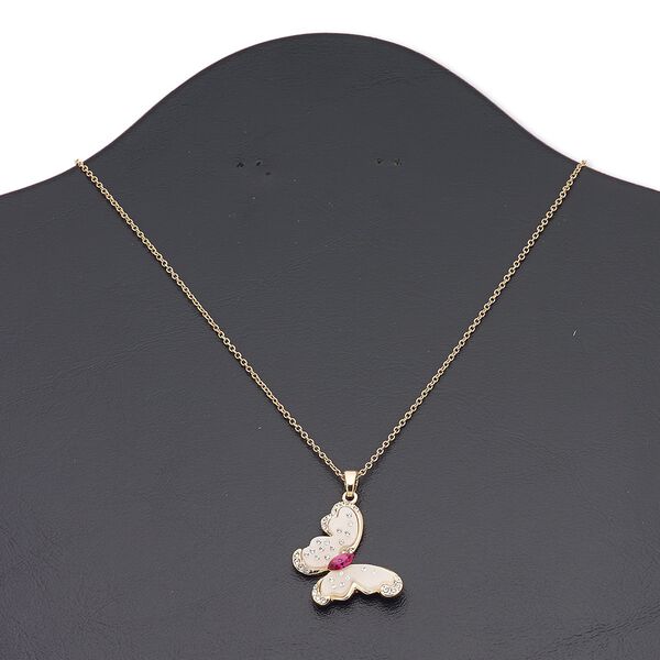 Necklace, Everyday Jewelry, acrylic / crystals / Czech glass rhinestone / gold-finished brass / "pewter" (zinc-based alloy) / steel, champagne / clear / fuchsia, 33x24mm butterfly, 16 inches with 3-inch extender chain and lobster claw clasp. Sold individually. image number 0