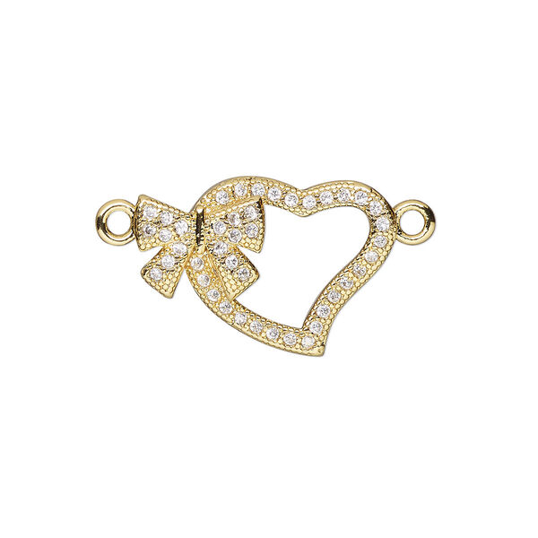 Link, cubic zirconia and gold-finished brass, clear, 18x13mm single-sided open heart with bow. Sold individually. image number 0