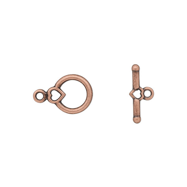 Clasp, toggle, antique copper-plated "pewter" (zinc-based alloy), 10x9mm round with heart. Sold per pkg of 100. image number 0