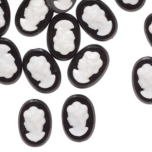 Cameo, acrylic, black and white, 14x10mm non-calibrated oval with lady. Sold per pkg of 50.