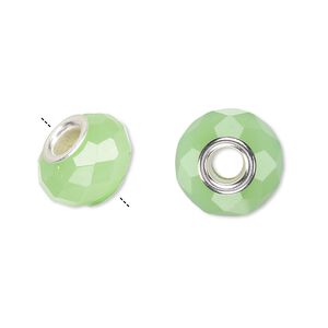 Bead, Dione®, glass and silver-plated brass grommets, opaque light green, 14x9mm faceted rondelle. Sold per pkg of 6.
