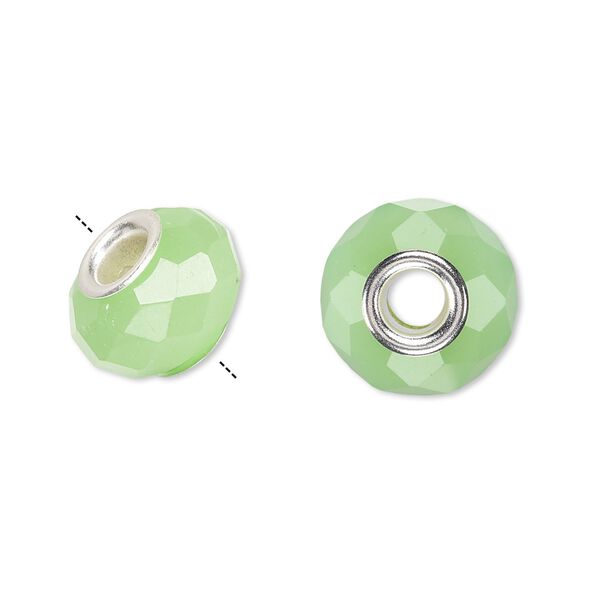 Bead, Dione®, glass and silver-plated brass grommets, opaque light green, 14x9mm faceted rondelle. Sold per pkg of 6. image number 0