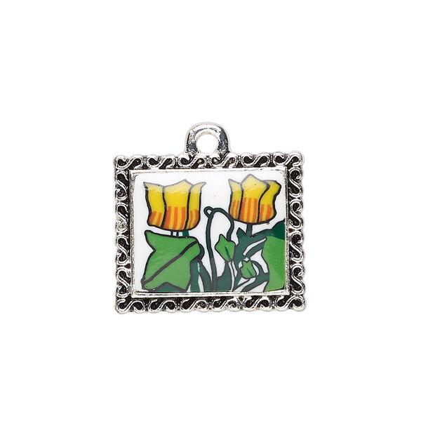 Focal, glazed polymer clay and silver-finished "pewter" (zinc-based alloy), multicolored, 34x29mm single-sided rectangle with tulip design and swirl edge. Sold individually. image number 0