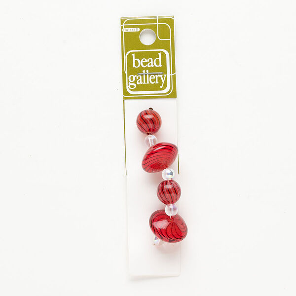 Bead 1pkg4 handblown glass, 12-13mm round / 20x11mm-20x12mm saucer / line design, assortment translucent red / black / white image number 0