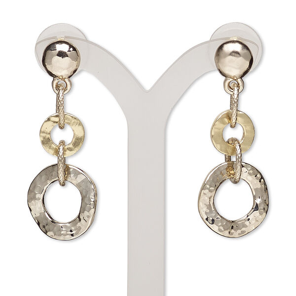 Earring, plastic with gold-finished steel and "pewter" (zinc-based alloy), 43mm with matte and shiny round with post. Sold per pair. image number 0