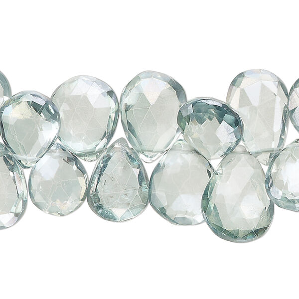 Bead, quartz crystal (coated), dark teal green, 11x8mm-17x12mm hand-cut top-drilled faceted puffed teardrop, B grade, Mohs hardness 7. Sold per 7-inch strand, approximately 45 beads. image number 0